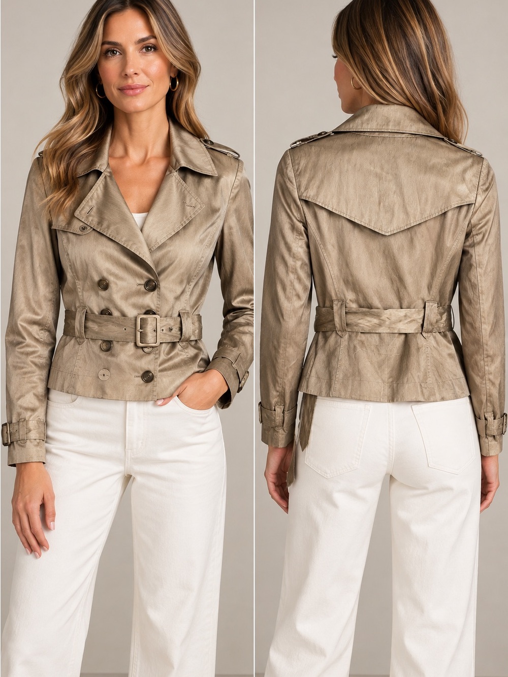 Pink Tartan Metallic Taupe Belted Double Breasted Trench Coat Jacket Sz 8